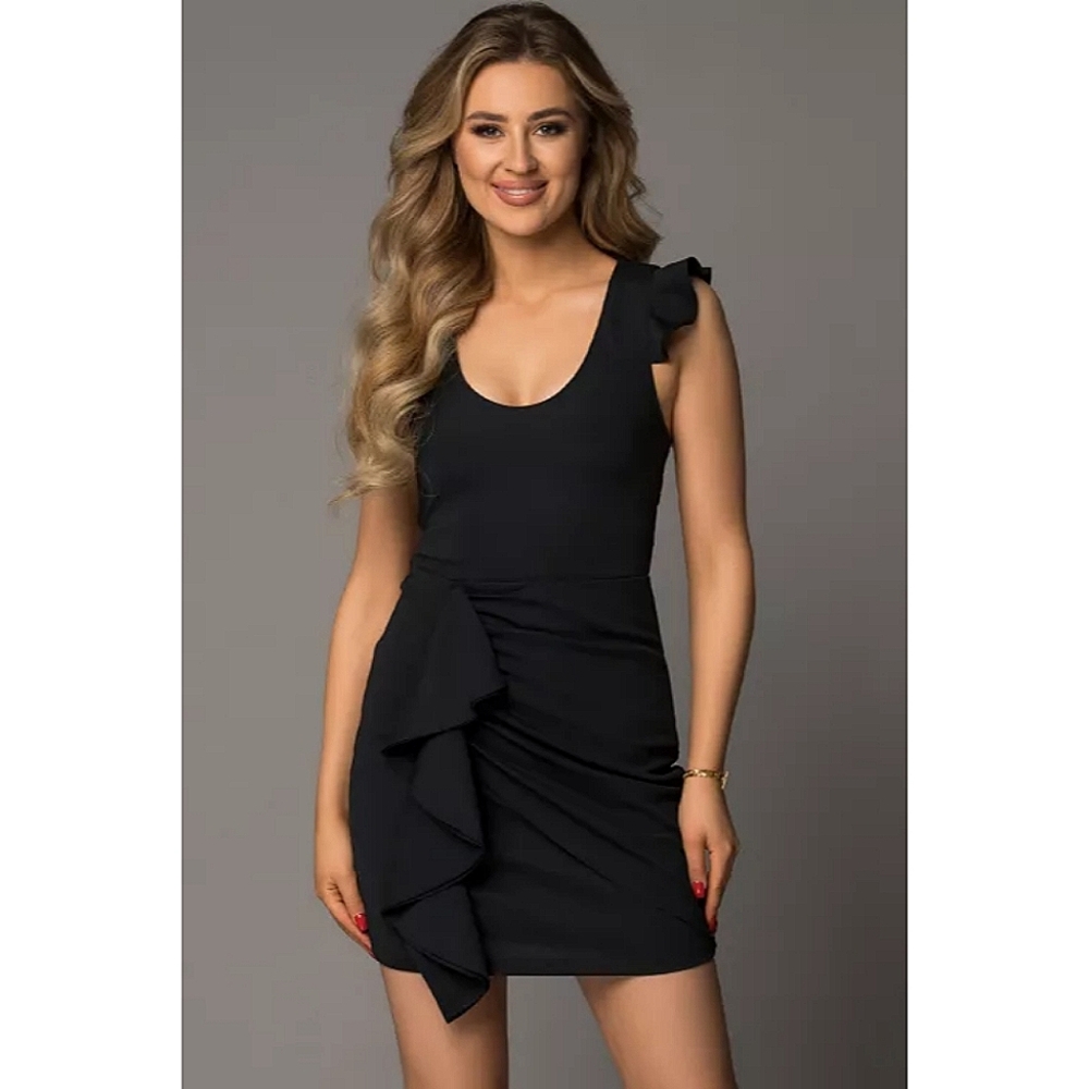 Black Lace Up Mini Dress With Ruffles And Flutter Sleeves